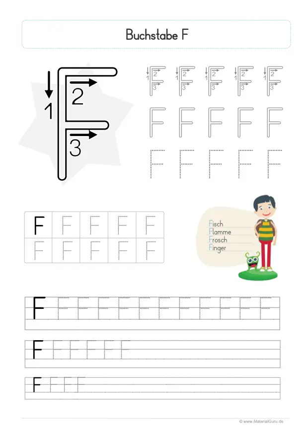 Arbeitsblatt: Buchstabe F (Druckschrift) - Großbuchstabe F