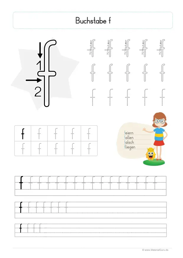 Arbeitsblatt: Buchstabe F (Druckschrift) - Kleinbuchstabe f