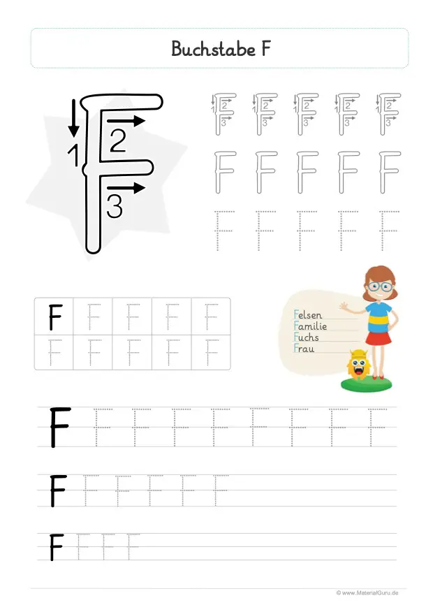 Arbeitsblatt: Buchstabe F (Grundschrift) - Großbuchstabe F