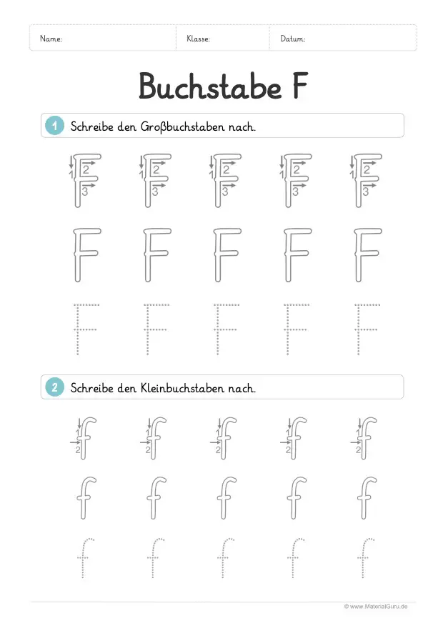 Arbeitsblatt: Buchstabe F (Grundschrift) - F und f nachspuren