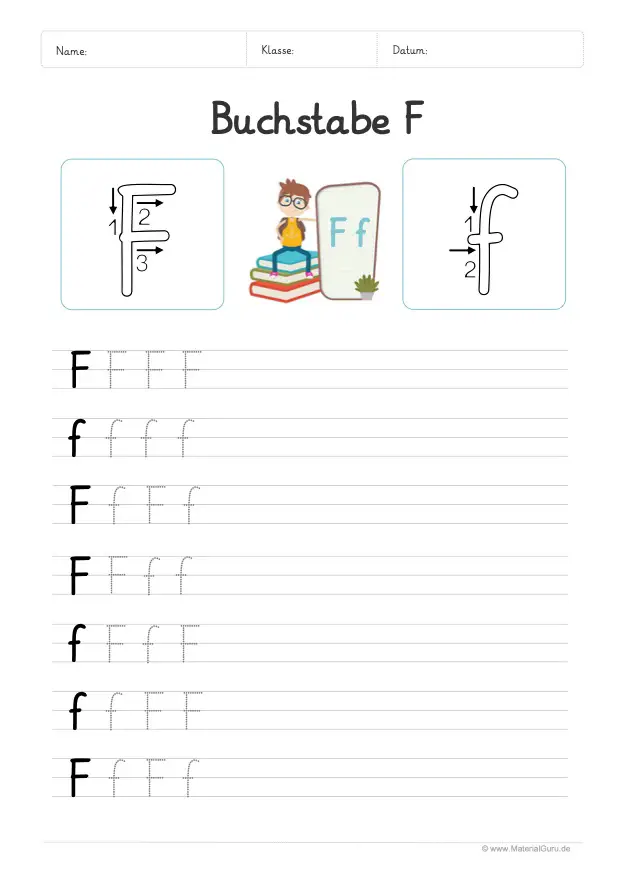 Arbeitsblatt: Buchstabe F (Grundschrift) - F und f auf Linien schreiben