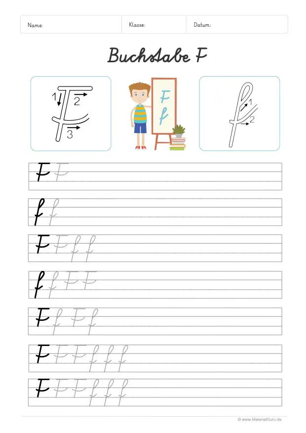 Arbeitsblatt: Buchstabe F (Schreibschrift) - F und F auf Linien schreiben