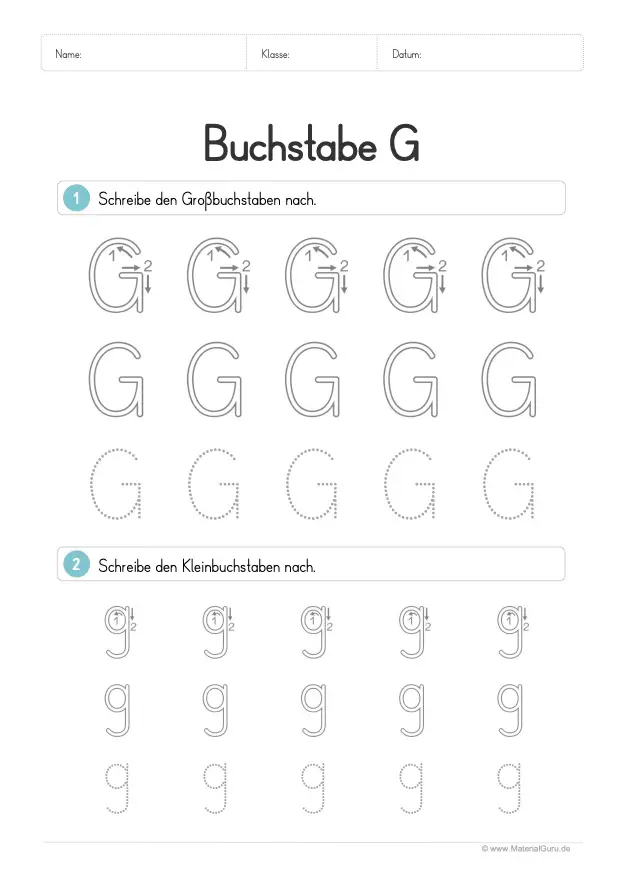 Arbeitsblatt: Buchstabe G (Druckschrift) - G und g nachspuren