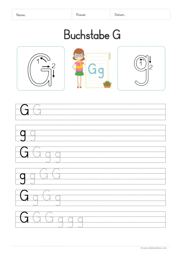 Arbeitsblatt: Buchstabe G (Druckschrift) - G und g auf Linien schreiben