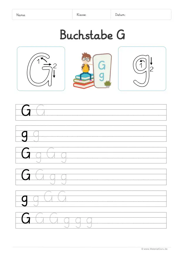 Arbeitsblatt: Buchstabe G (Grundschrift) - G und g auf Linien schreiben