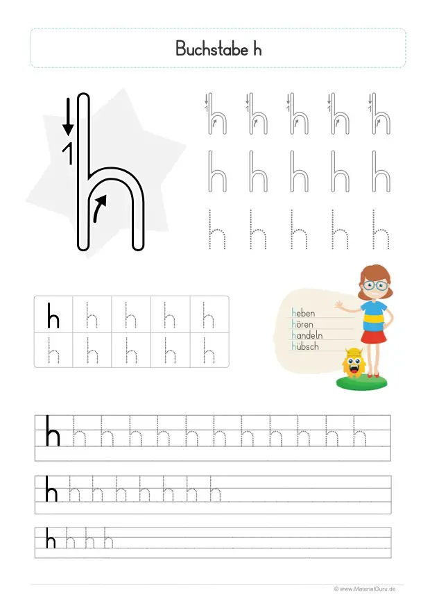 Arbeitsblatt: Buchstabe H (Druckschrift) - Kleinbuchstabe h