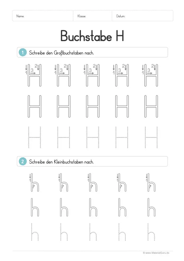 Arbeitsblatt: Buchstabe H (Druckschrift) - H und h nachspuren