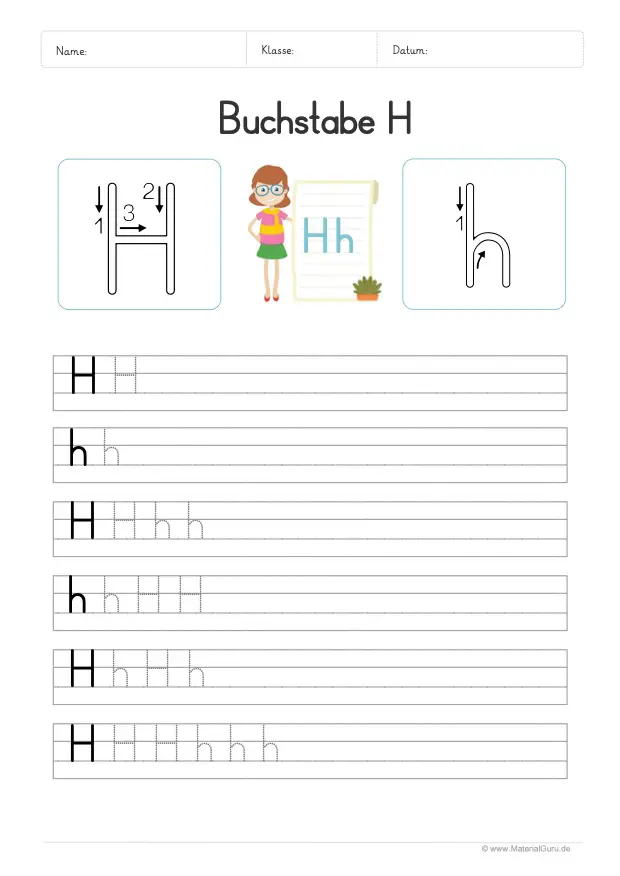 Arbeitsblatt: Buchstabe H (Druckschrift) - H und h auf Linien schreiben