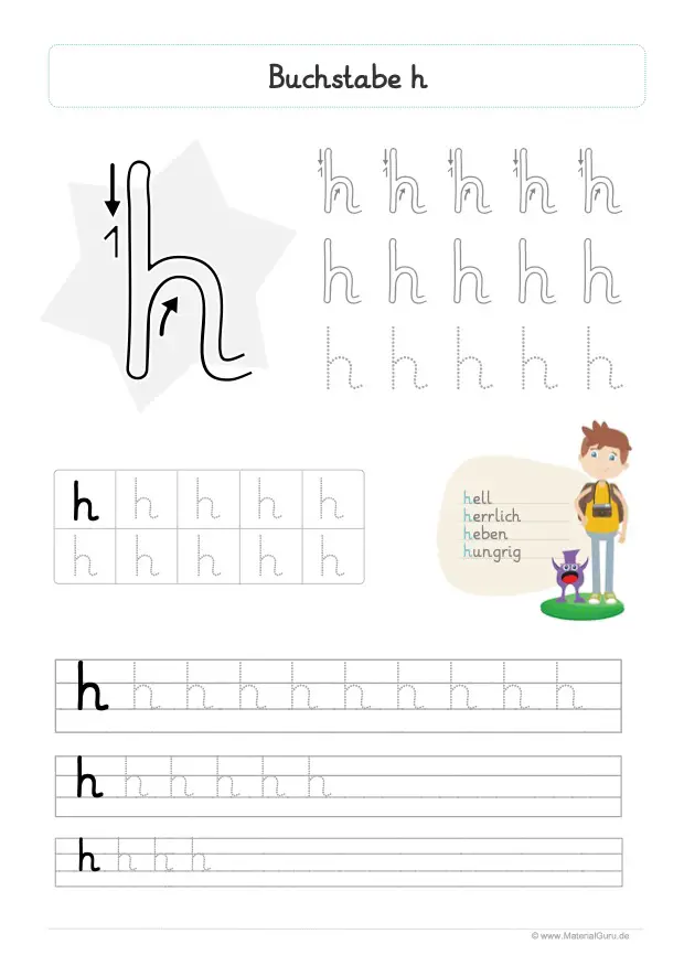 Arbeitsblatt: Buchstabe H (Grundschrift) - Kleinbuchstabe h