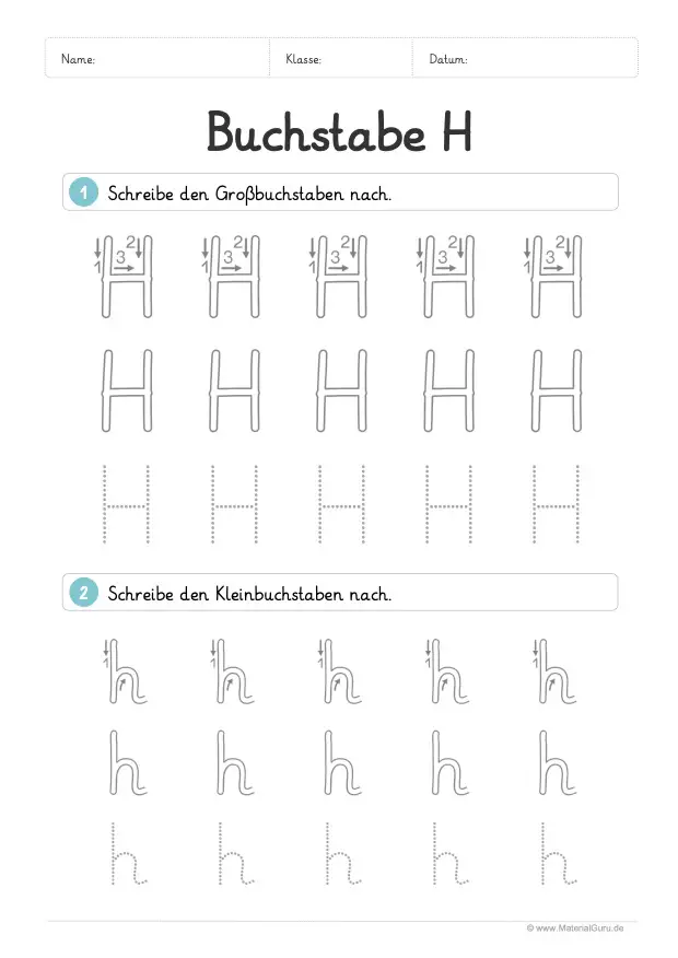 Arbeitsblatt: Buchstabe H (Grundschrift) - H und h nachspuren