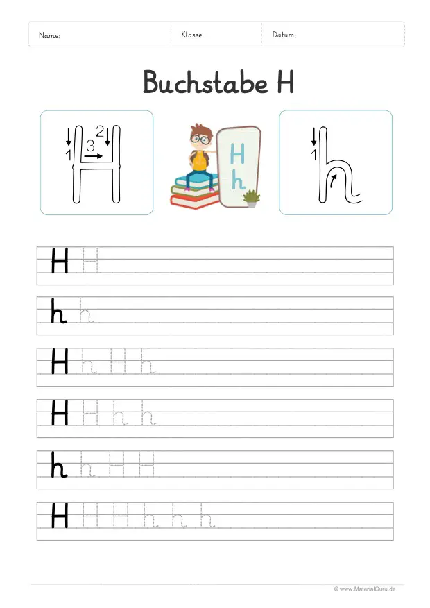 Arbeitsblatt: Buchstabe H (Grundschrift) - H und h auf Linien schreiben