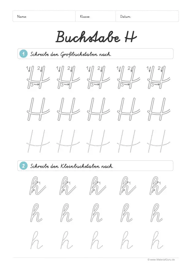 Arbeitsblatt: Buchstabe H (Schreibschrift) - H und h nachspuren