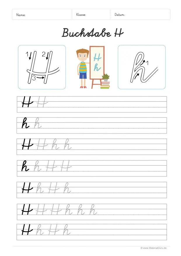 Arbeitsblatt: Buchstabe H (Schreibschrift) - H und h auf Linien schreiben