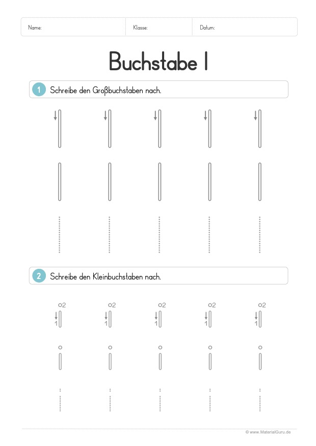 Arbeitsblatt: Buchstabe I (Druckschrift) - I und i nachspuren