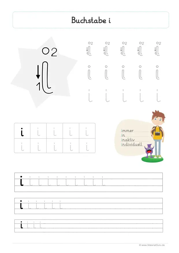 Arbeitsblatt: Buchstabe I (Grundschrift) - Kleinbuchstabe i