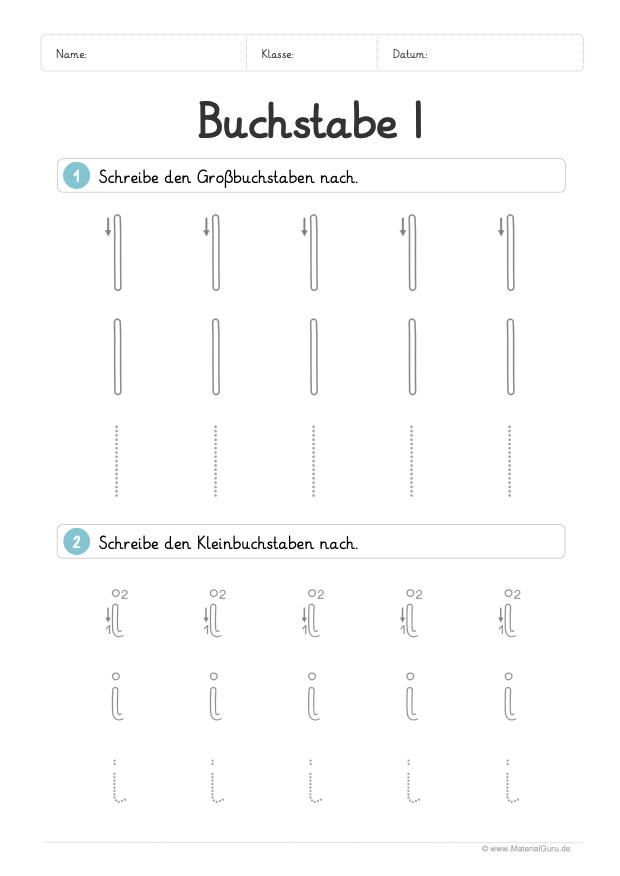 Arbeitsblatt: Buchstabe I (Grundschrift) - I und i nachspuren