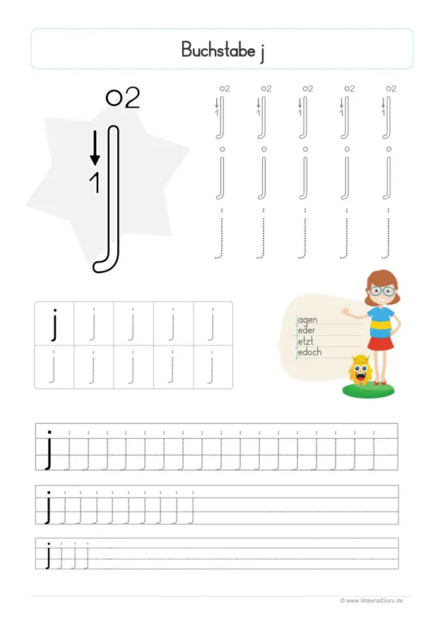 Arbeitsblatt: Buchstabe J (Druckschrift) - Kleinbuchstabe j