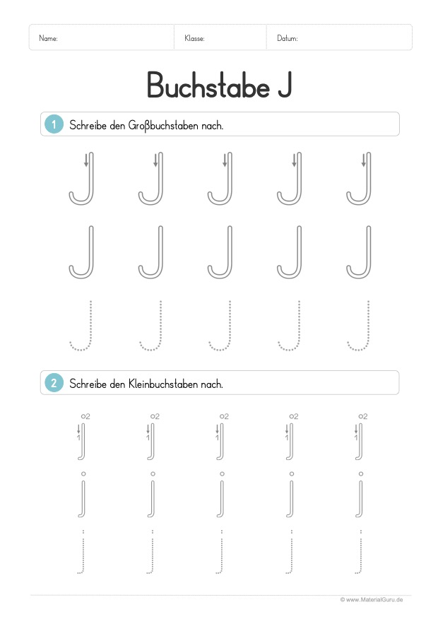 Arbeitsblatt: Buchstabe J (Druckschrift) - J und j nachspuren