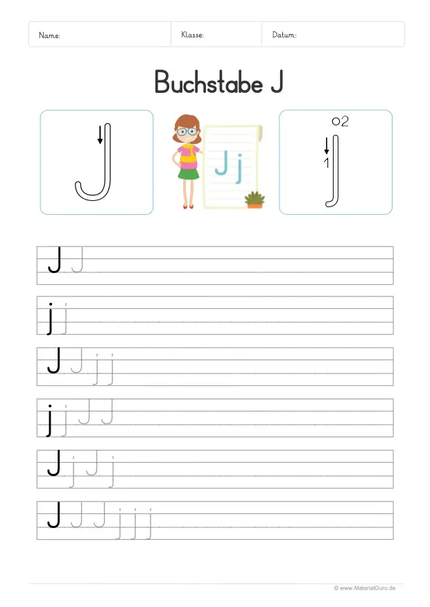 Arbeitsblatt: Buchstabe J (Druckschrift) - J und j auf Linien schreiben