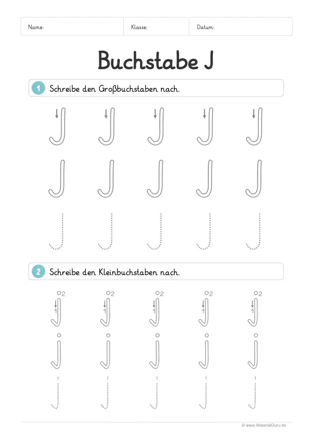 Arbeitsblatt: Buchstabe J (Grundschrift) - J und j nachspuren