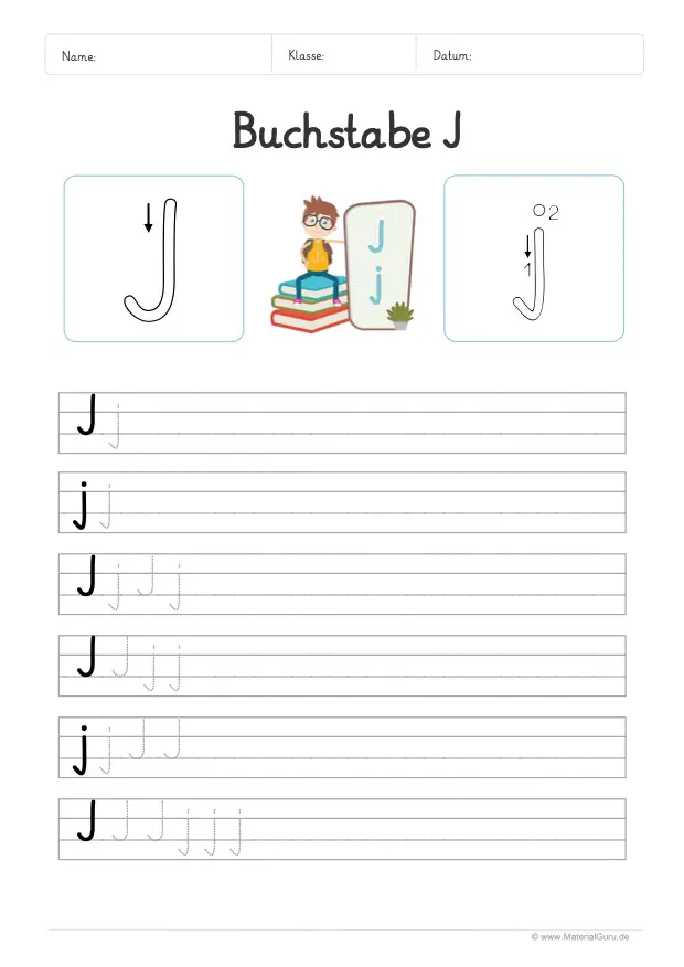 Arbeitsblatt: Buchstabe J (Grundschrift) - J und j auf Linien schreiben