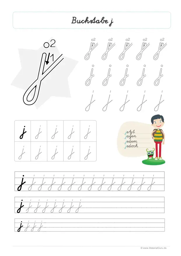 Arbeitsblatt: Buchstabe J (Schreibschrift) - Kleinbuchstabe j