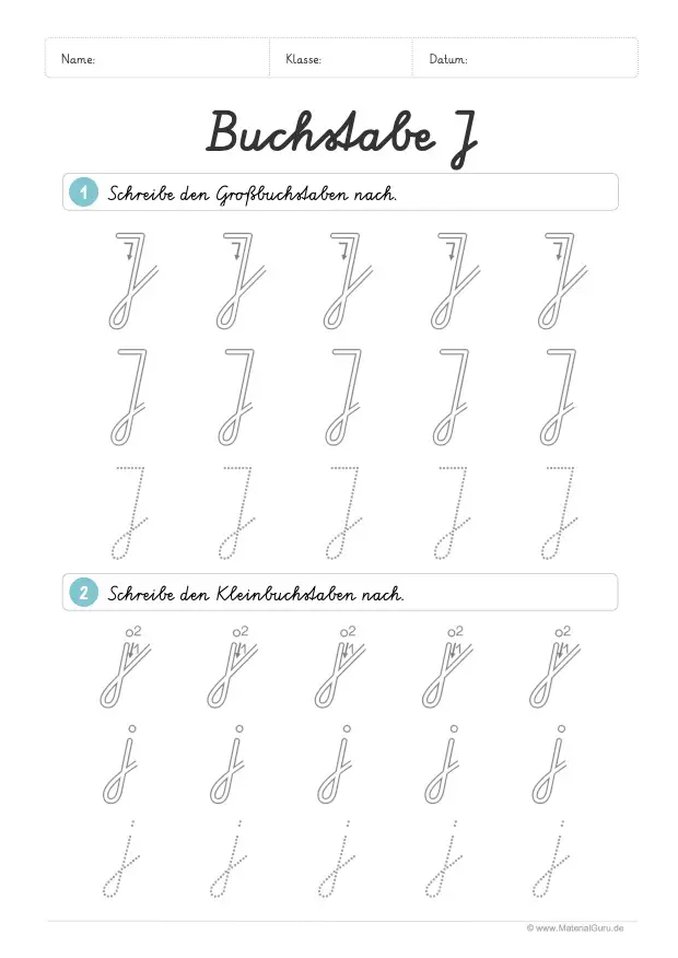 Arbeitsblatt: Buchstabe J (Schreibschrift) - J und j nachspuren