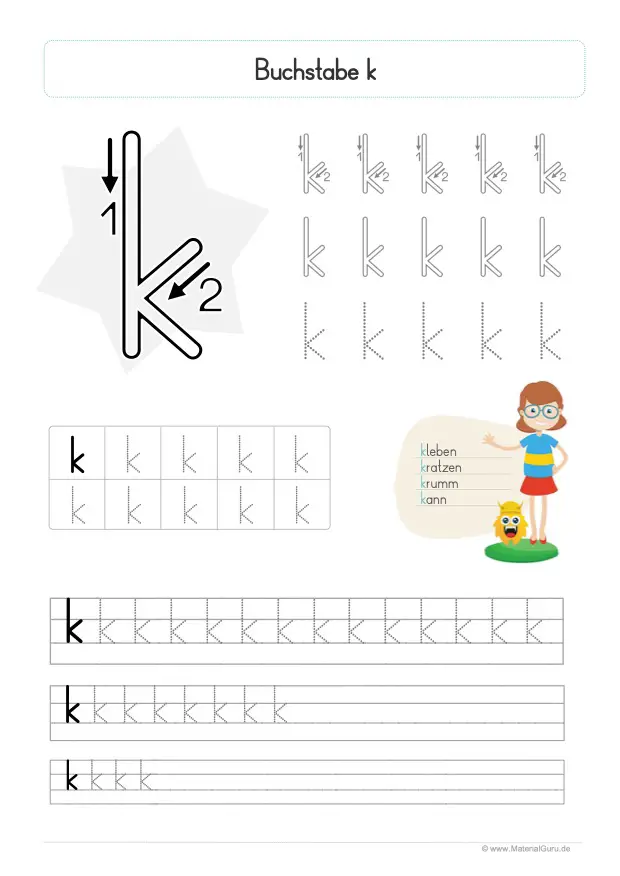 Arbeitsblatt: Buchstabe K (Druckschrift) - Kleinbuchstabe k