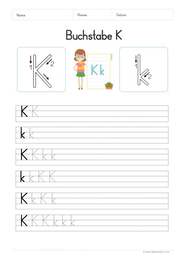 Arbeitsblatt: Buchstabe K (Druckschrift) - K und k auf Linien schreiben