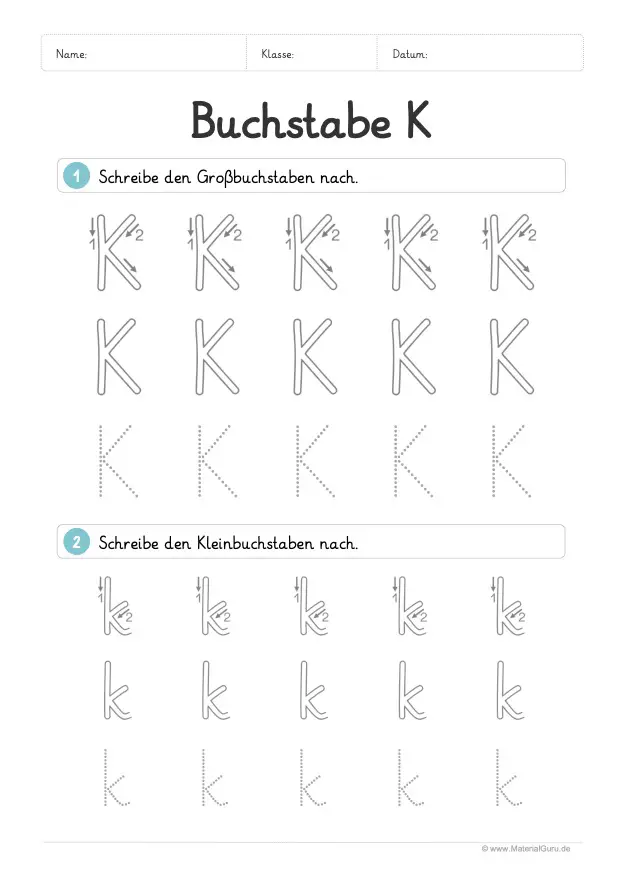 Arbeitsblatt: Buchstabe K (Grundschrift) - K und k nachspuren