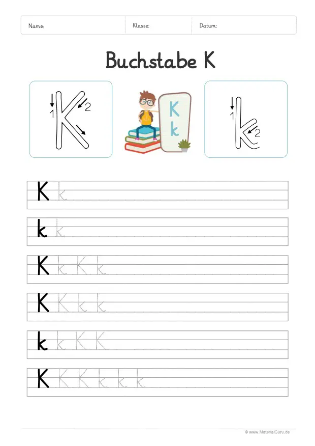 Arbeitsblatt: Buchstabe K (Grundschrift) - K und k auf Linien schreiben