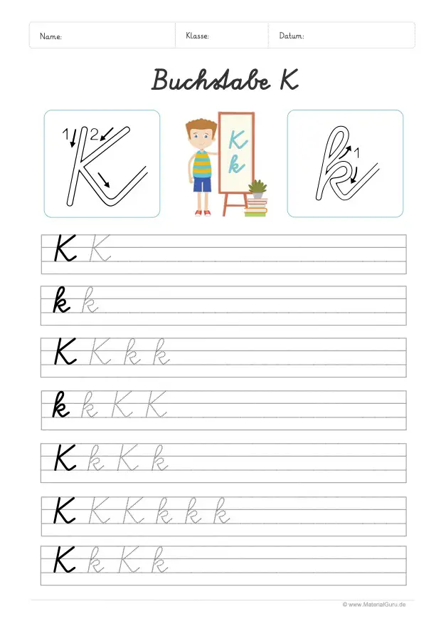 Arbeitsblatt: Buchstabe K (Schreibschrift) - K und k auf Linien schreiben