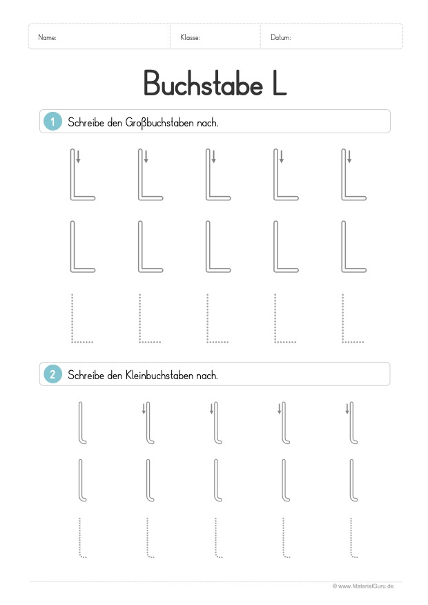 Arbeitsblatt: Buchstabe L (Druckschrift) - L und l nachspuren