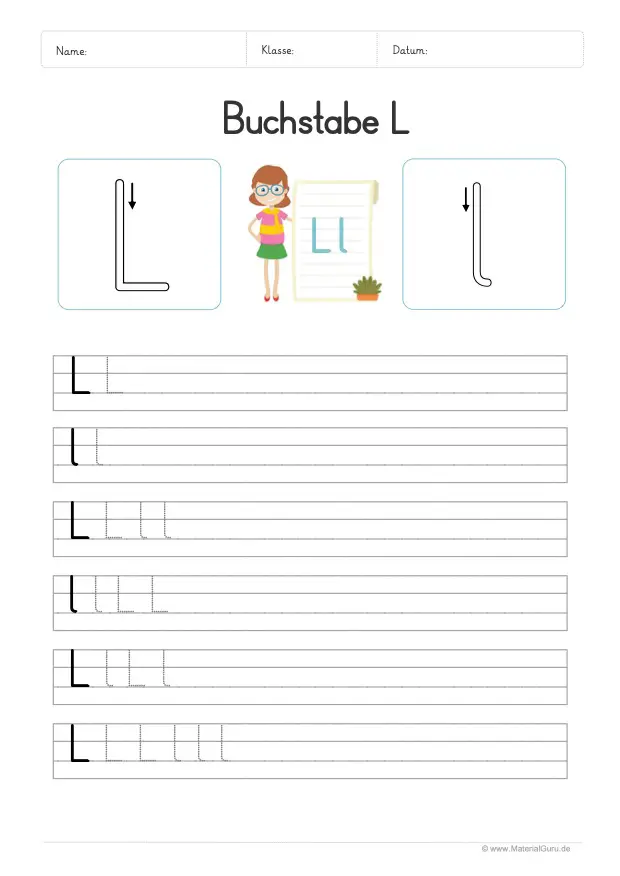 Arbeitsblatt: Buchstabe L (Druckschrift) - L und l auf Linien schreiben