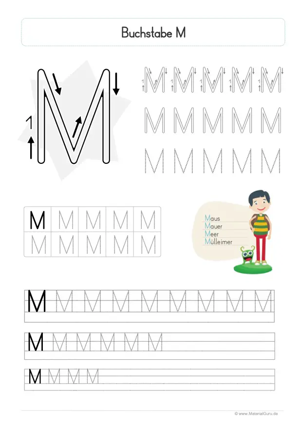 Arbeitsblatt: Buchstabe M (Druckschrift) - Großbuchstabe M