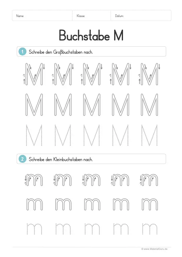 Arbeitsblatt: Buchstabe M (Druckschrift) - M und m nachspuren