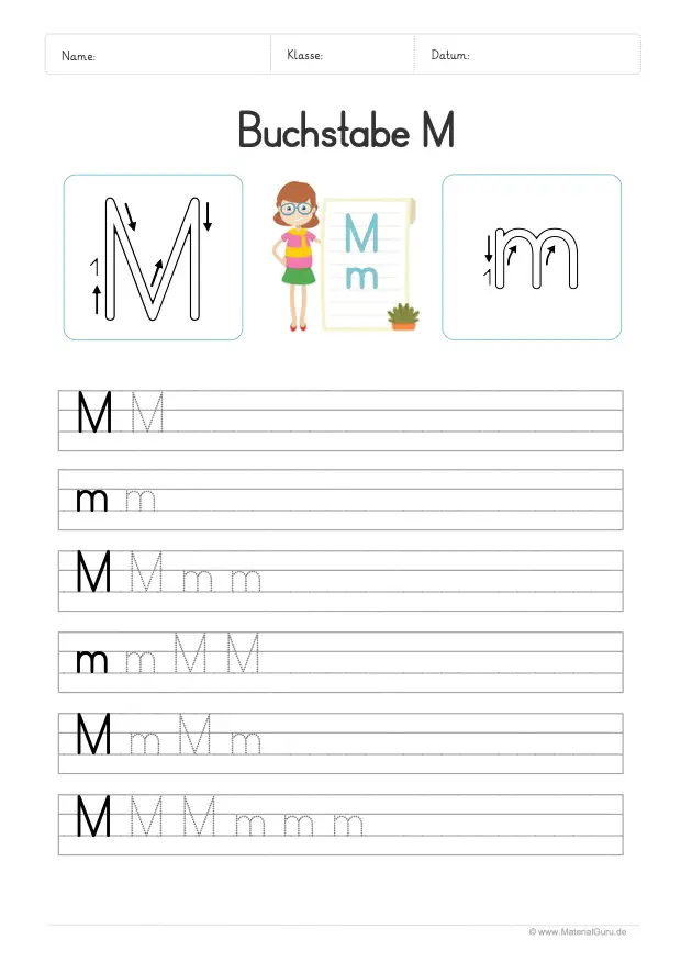 Arbeitsblatt: Buchstabe M (Druckschrift) - M und m auf Linien schreiben