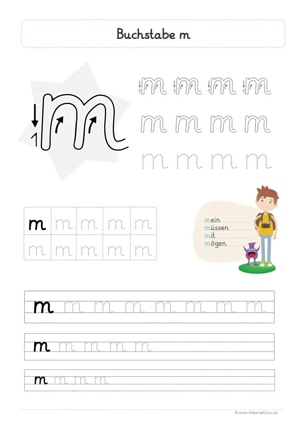 Arbeitsblatt: Buchstabe M (Grundschrift) - Kleinbuchstabe m