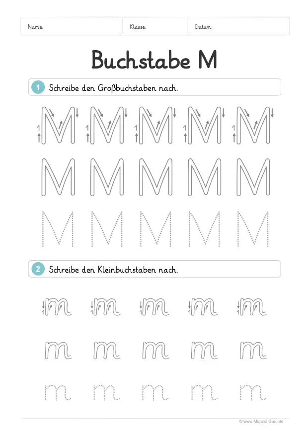 Arbeitsblatt: Buchstabe M (Grundschrift) - M und m nachspuren