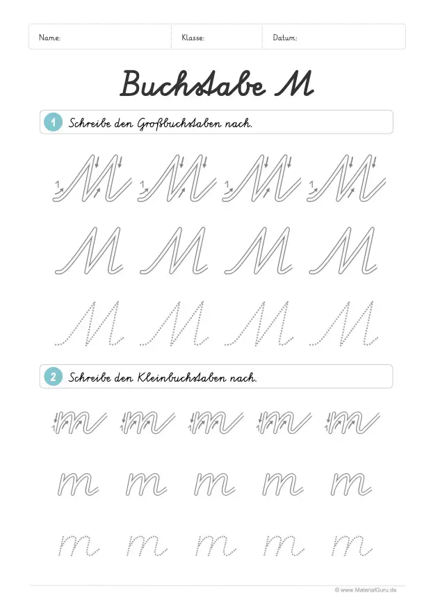 Arbeitsblatt: Buchstabe M (Schreibschrift) - M und m nachspuren