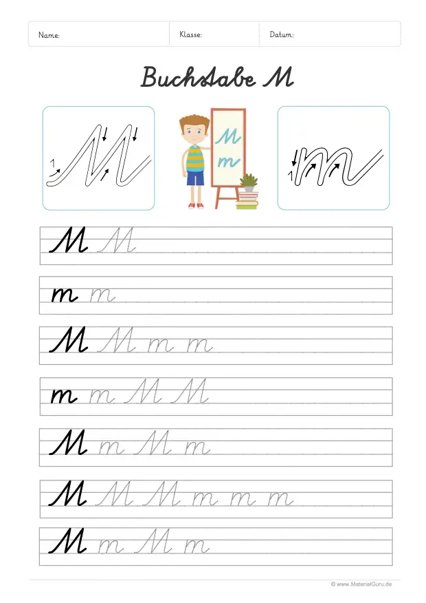 Arbeitsblatt: Buchstabe M (Schreibschrift) - M und m auf Linien schreiben