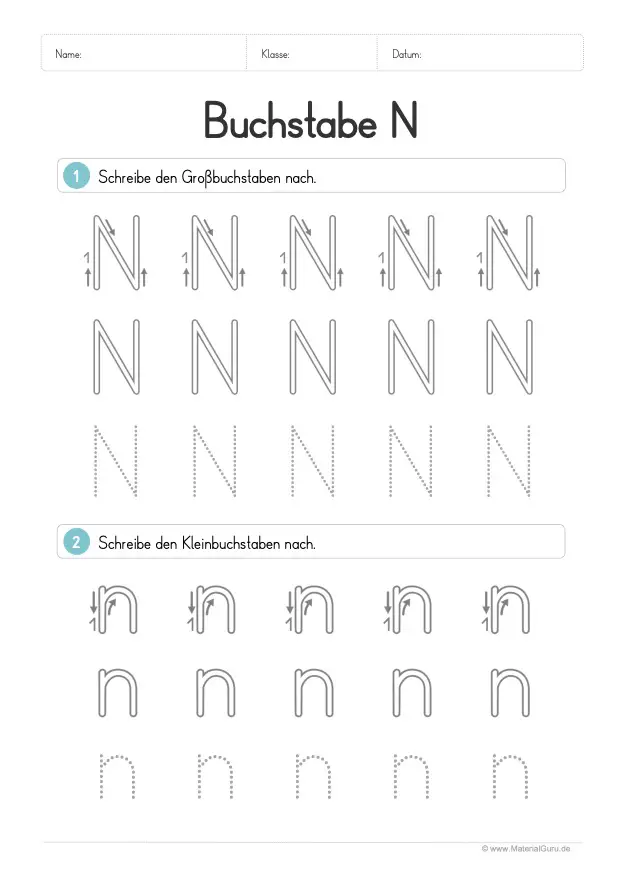 Arbeitsblatt: Buchstabe N (Druckschrift) - N und n nachspuren