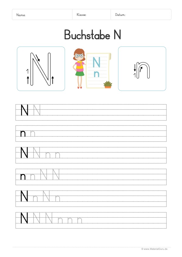 Arbeitsblatt: Buchstabe N (Druckschrift) - N und n auf Linien schreiben