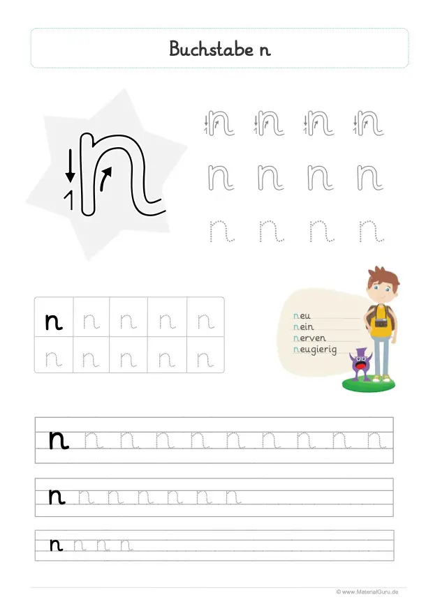 Arbeitsblatt: Buchstabe N (Grundschrift) - Kleinbuchstabe n