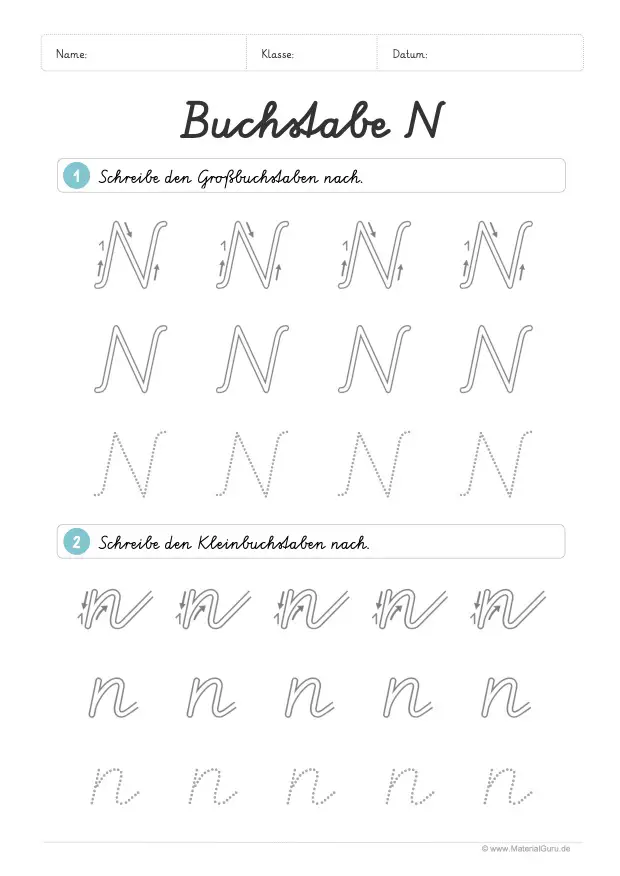 Arbeitsblatt: Buchstabe N (Schreibschrift) - N und n nachspuren