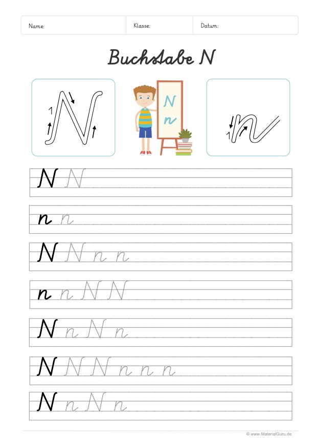 Arbeitsblatt: Buchstabe N (Schreibschrift) - N und n auf Linien schreiben