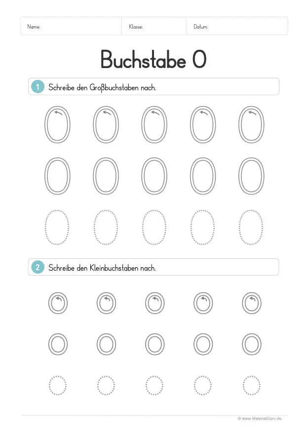 Arbeitsblatt: Buchstabe O (Druckschrift) - O und o nachspuren