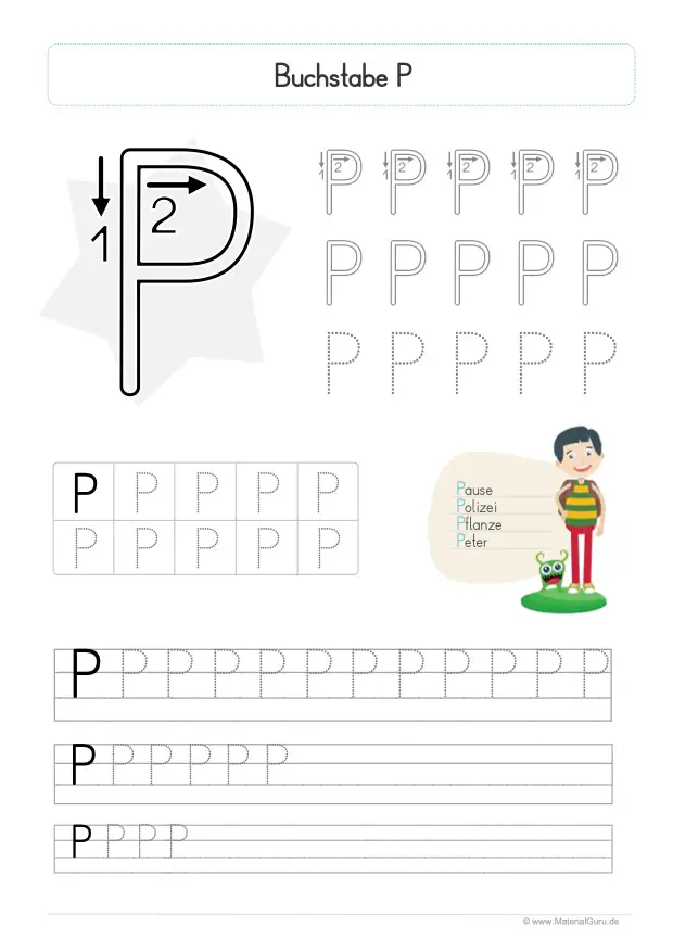 Arbeitsblatt: Buchstabe P (Druckschrift) - Großbuchstabe P