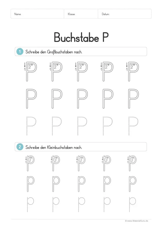 Arbeitsblatt: Buchstabe P (Druckschrift) - P und p nachspuren