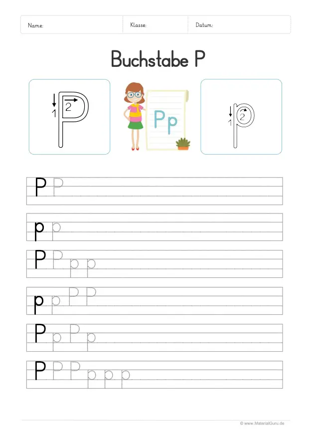 Arbeitsblatt: Buchstabe P (Druckschrift) - P und p auf Linien schreiben